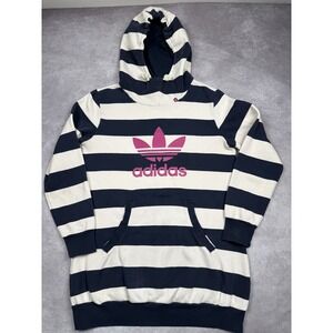 VTG Adidas Hoodie Womens Large Navy White Striped Trefoil Logo Sweatshirt
